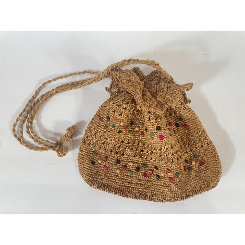 Vintage Straw Crochet Drawstring Bucket Bag Beaded Tan Raffia Boho Beach Purse